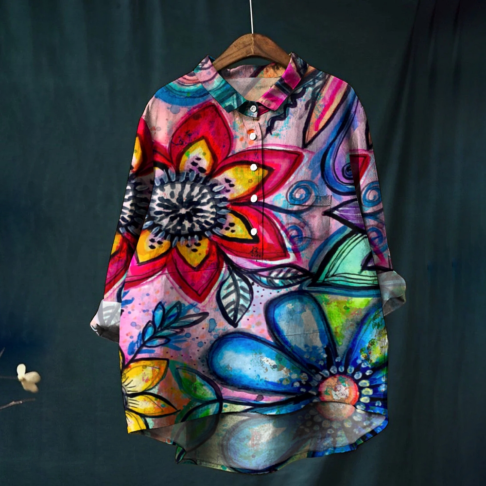 Women's  Artistic Flower Print Casual Linen Shirt