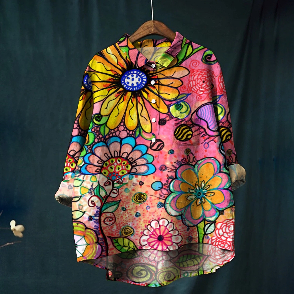 Women's Colorful  Artistic Flower Print Casual Linen Shirt