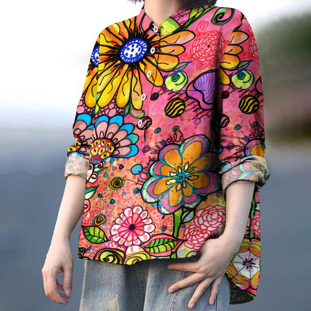 Women's Colorful  Artistic Flower Print Casual Linen Shirt