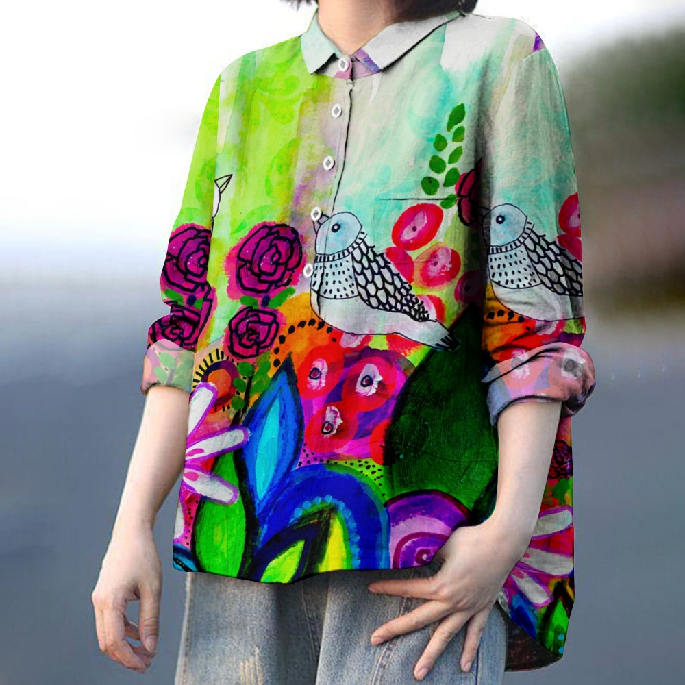 Women's Flower And Bird Print Casual Linen Shirt
