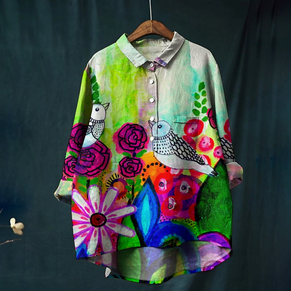 Women's Flower And Bird Print Casual Linen Shirt