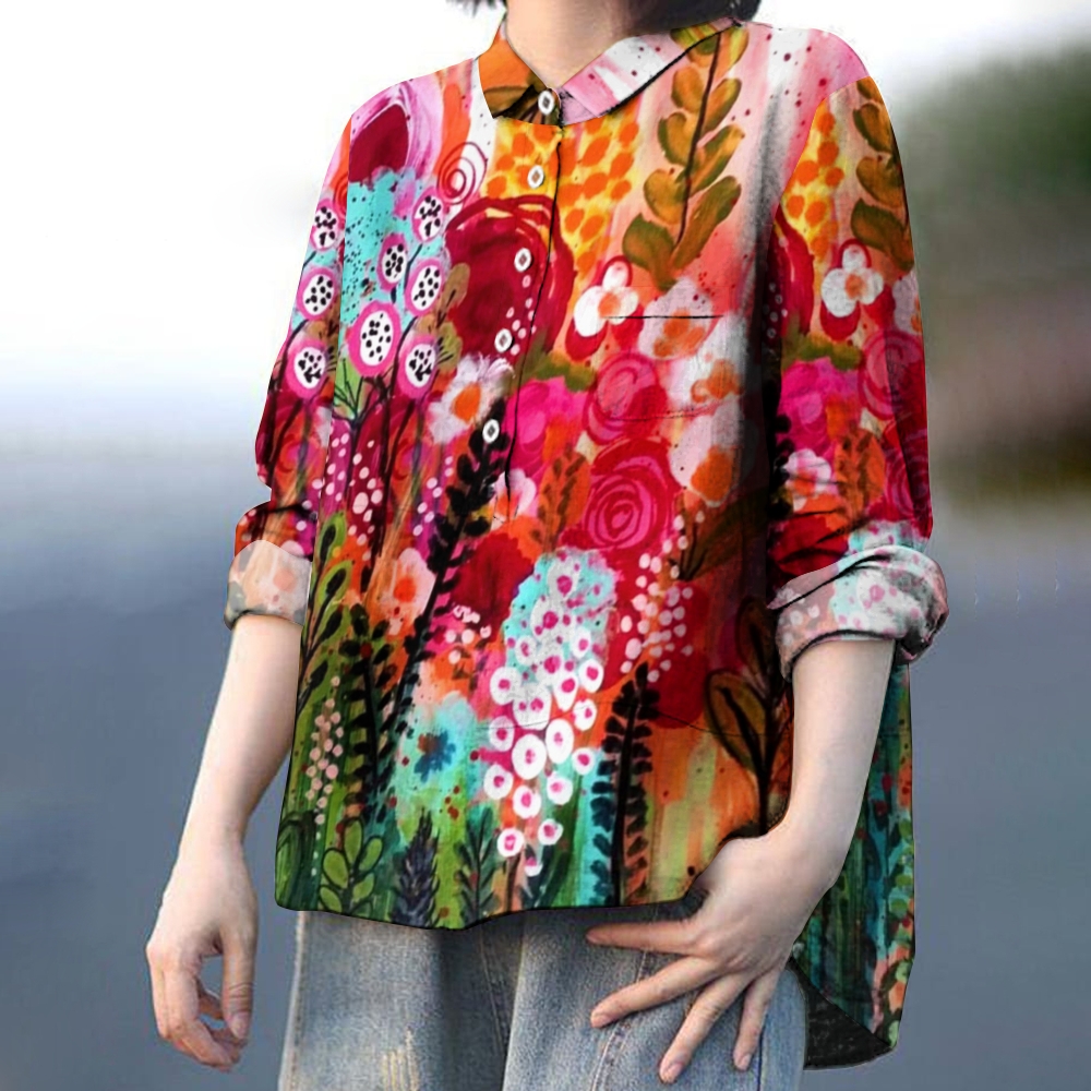 Women's Flower Print Casual Linen Shirt