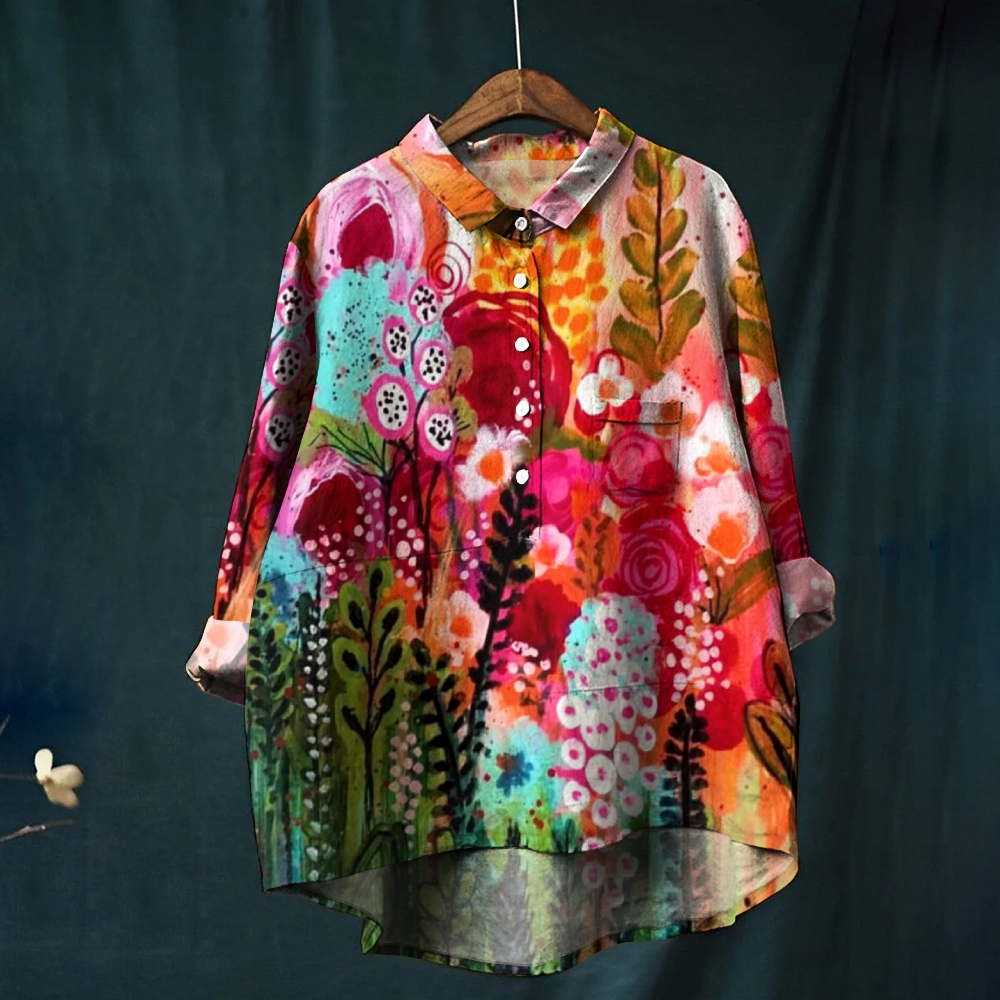 Women's Flower Print Casual Linen Shirt