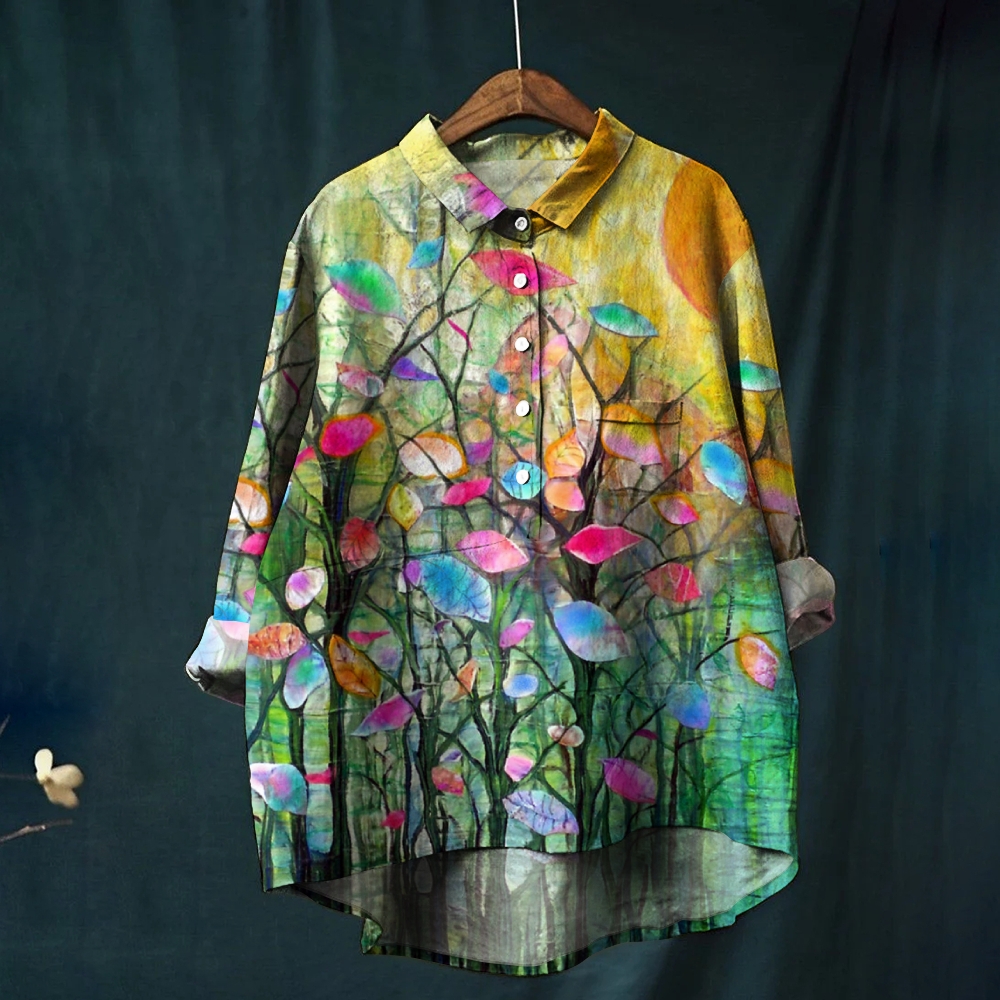 Women's Flower Print Casual Linen Shirt