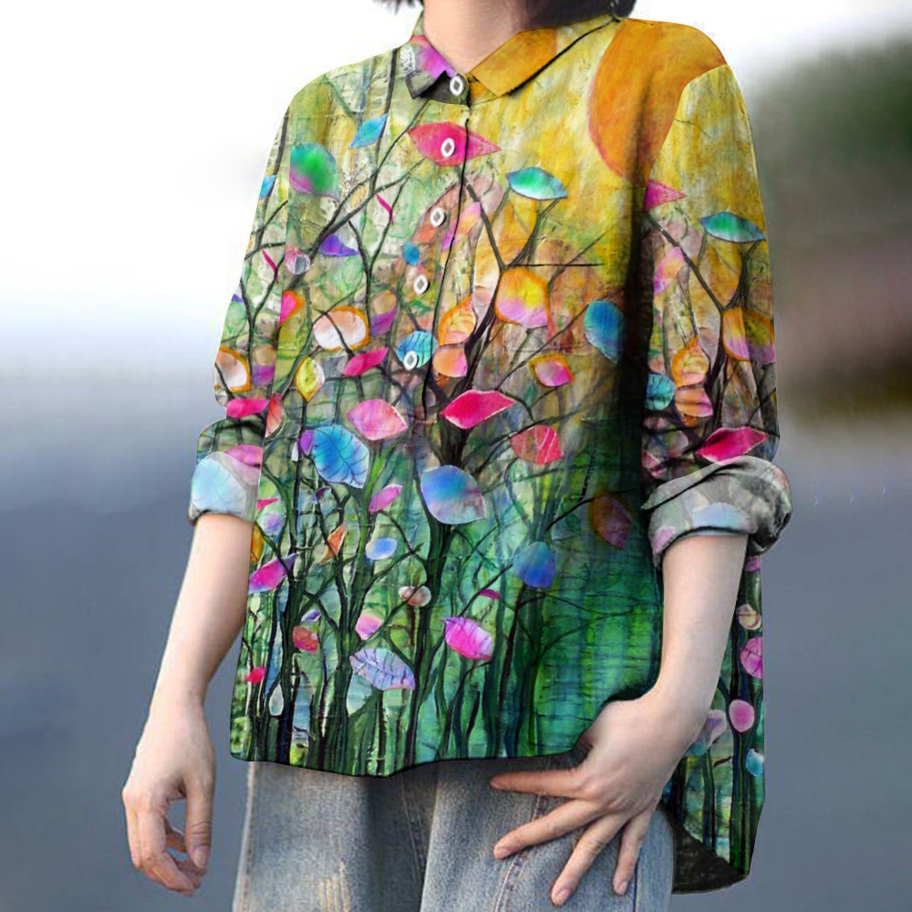 Women's Flower Print Casual Linen Shirt