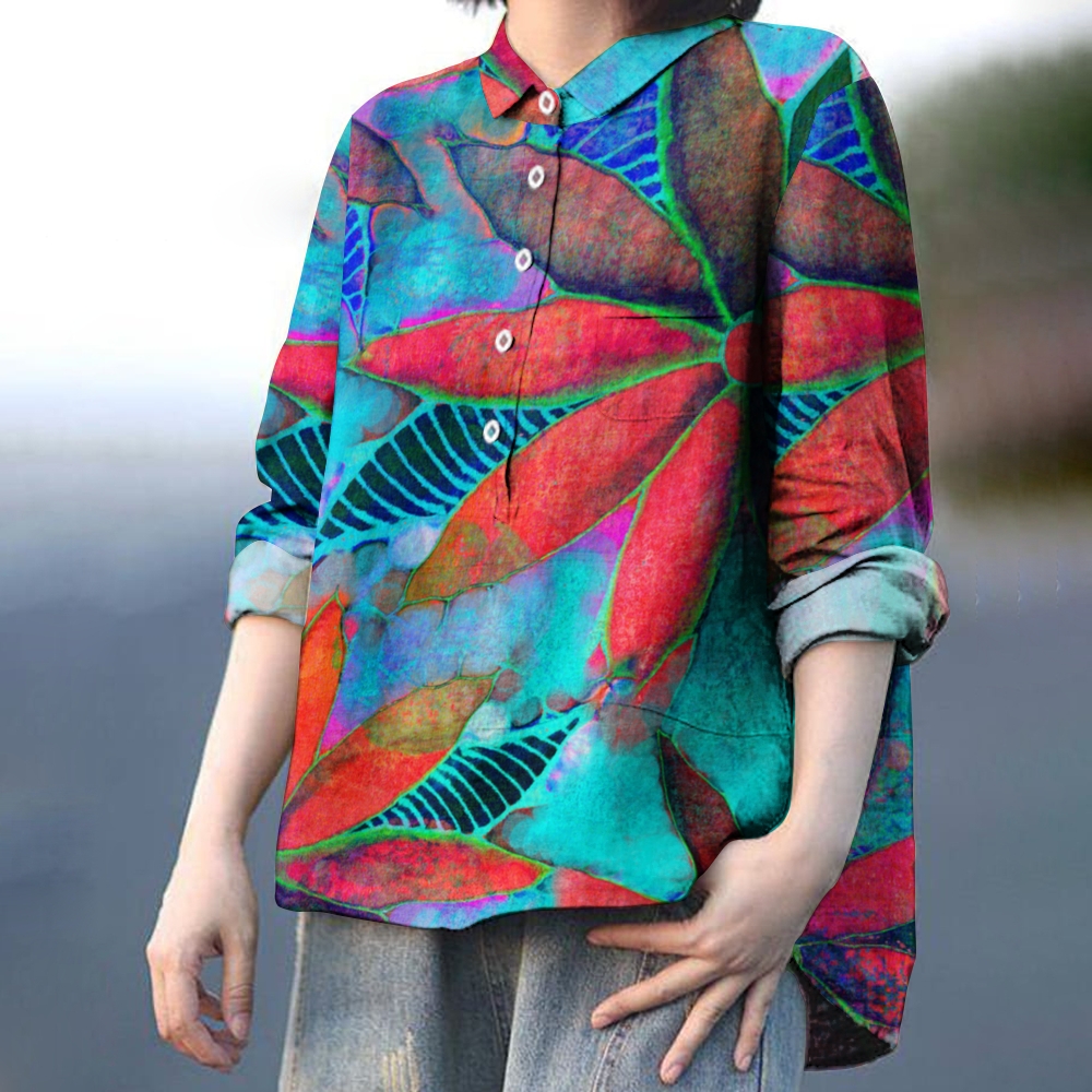 Women's Colorful  Artistic Flower Print Casual Linen Shirt