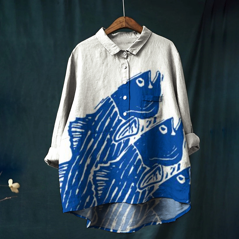 Women's Artistic Fish Print Casual Linen Shirt
