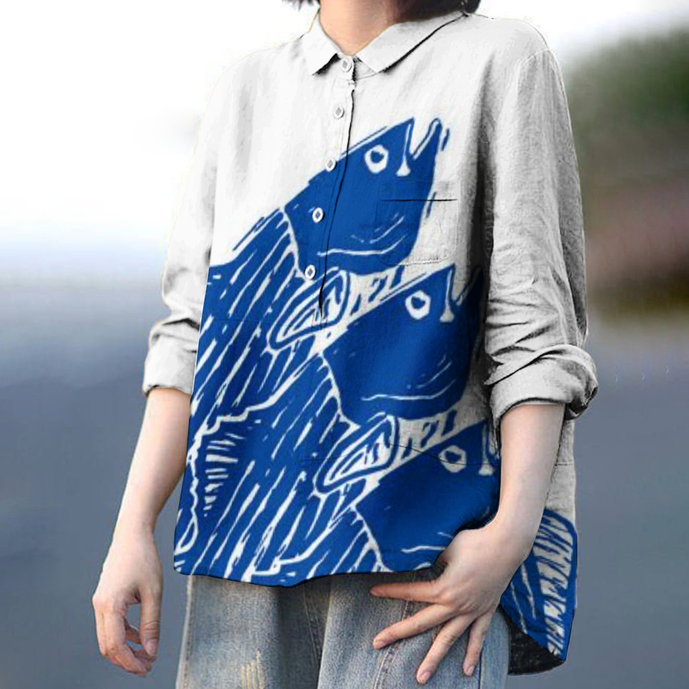 Women's Artistic Fish Print Casual Linen Shirt