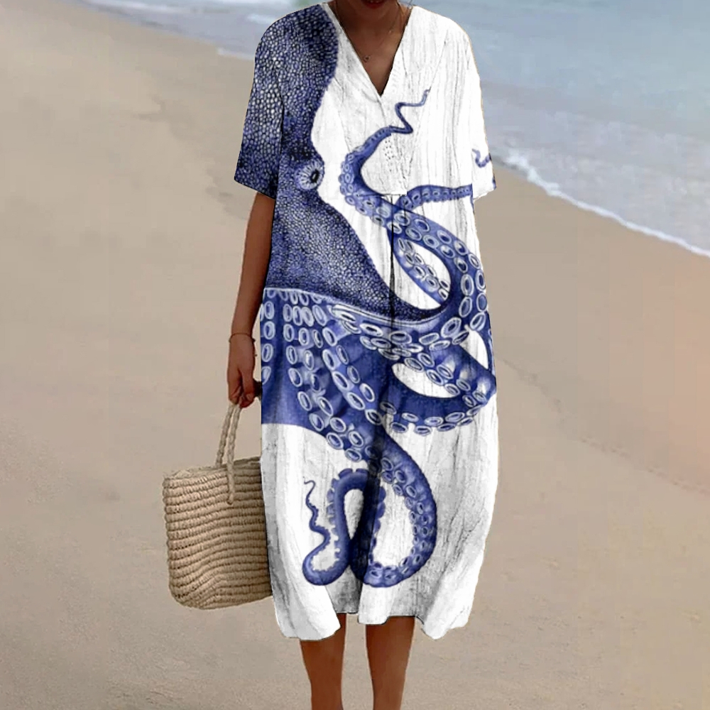 Women's Print Flowy Cotton And Linen Dress