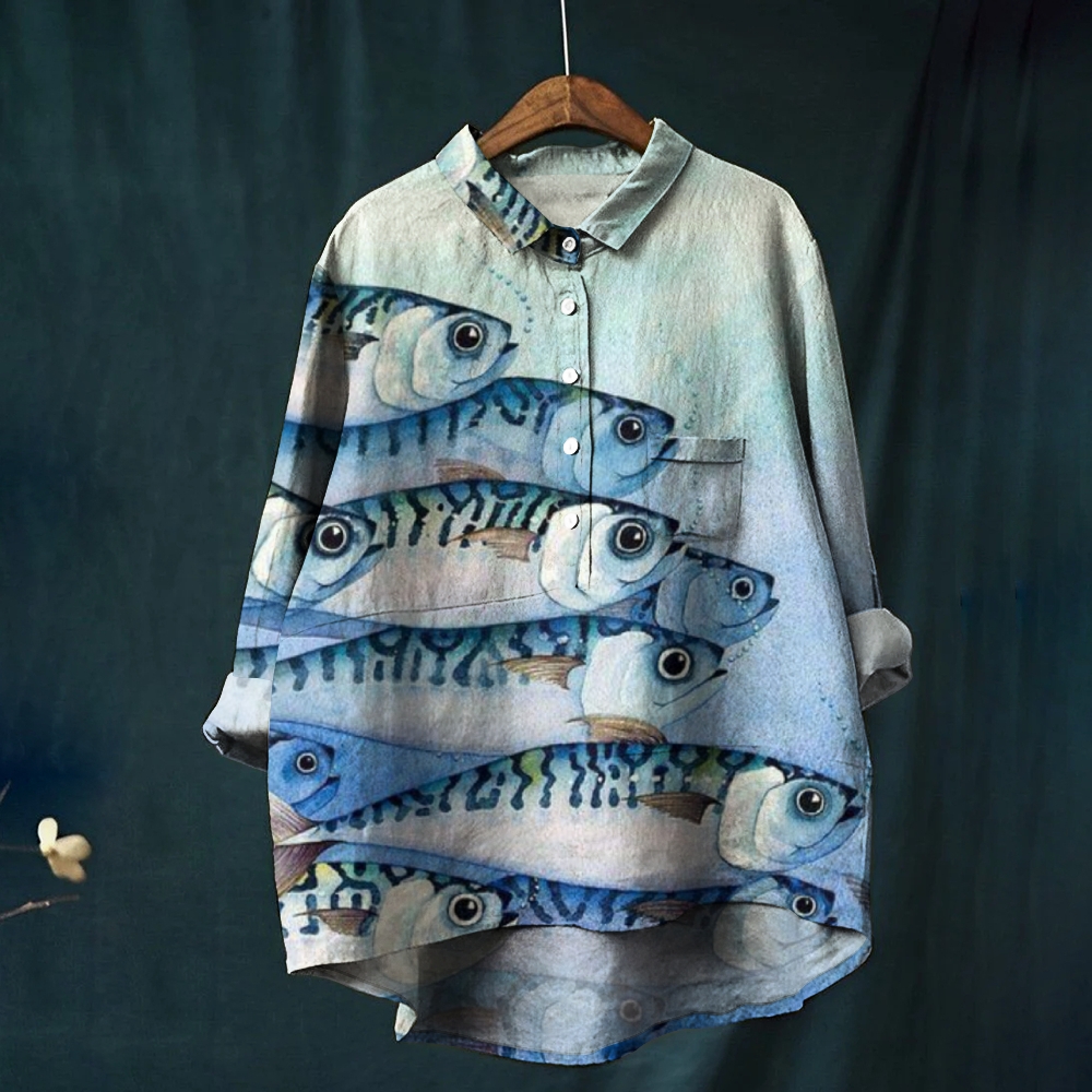 Women's Gradient Fish Print Casual Cotton And Linen Shirt
