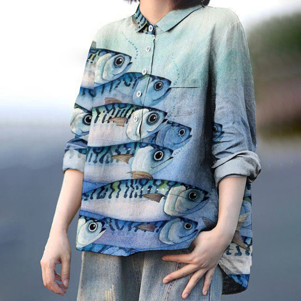 Women's Gradient Fish Print Casual Cotton And Linen Shirt