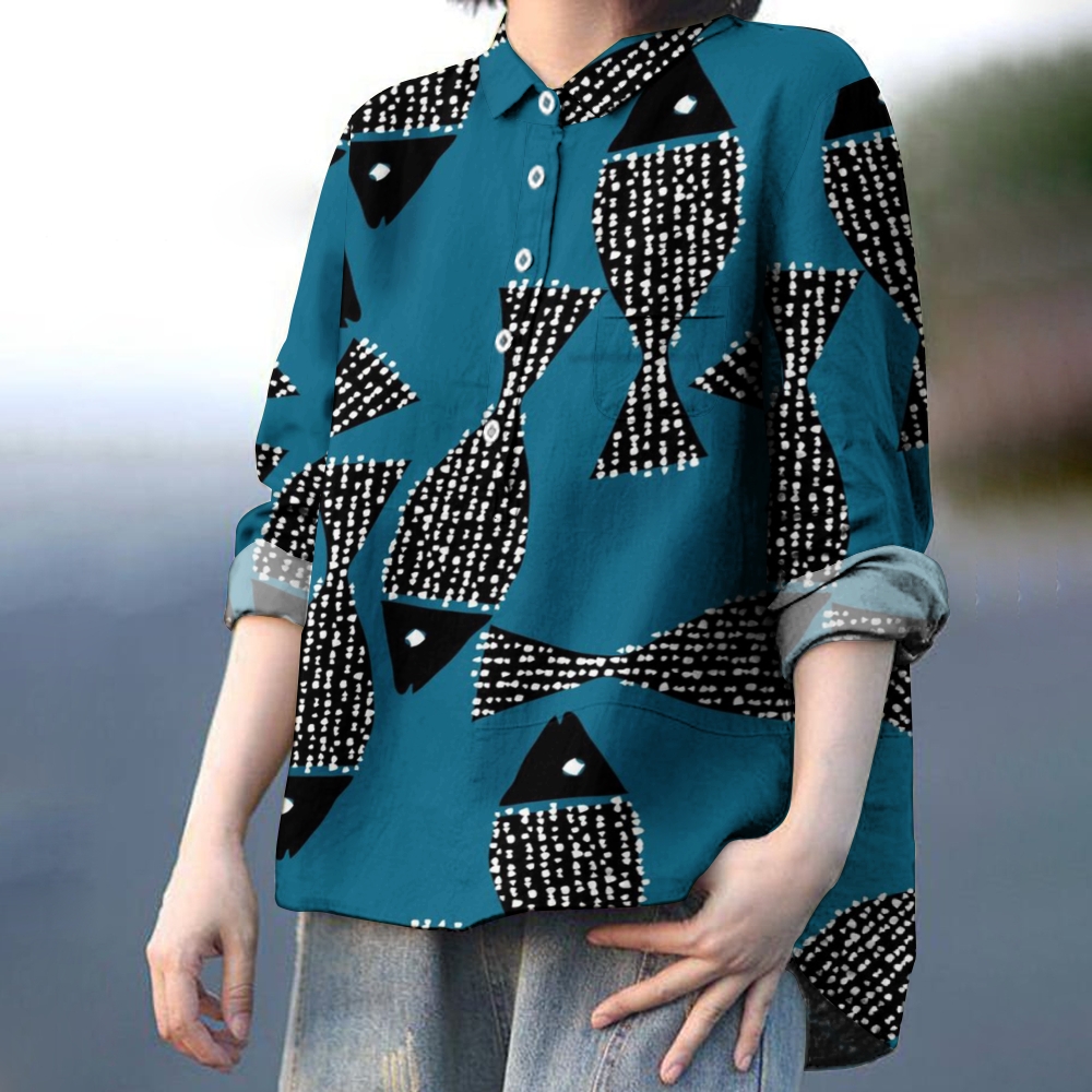 Women's  Polka Dot Art Fish Print Casual Linen Shirt