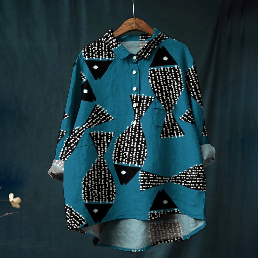 Women's  Polka Dot Art Fish Print Casual Linen Shirt