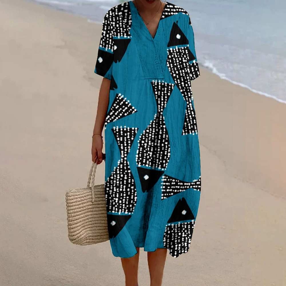 Women's Polka Dot Art Fish  Print Flowy Linen Dress