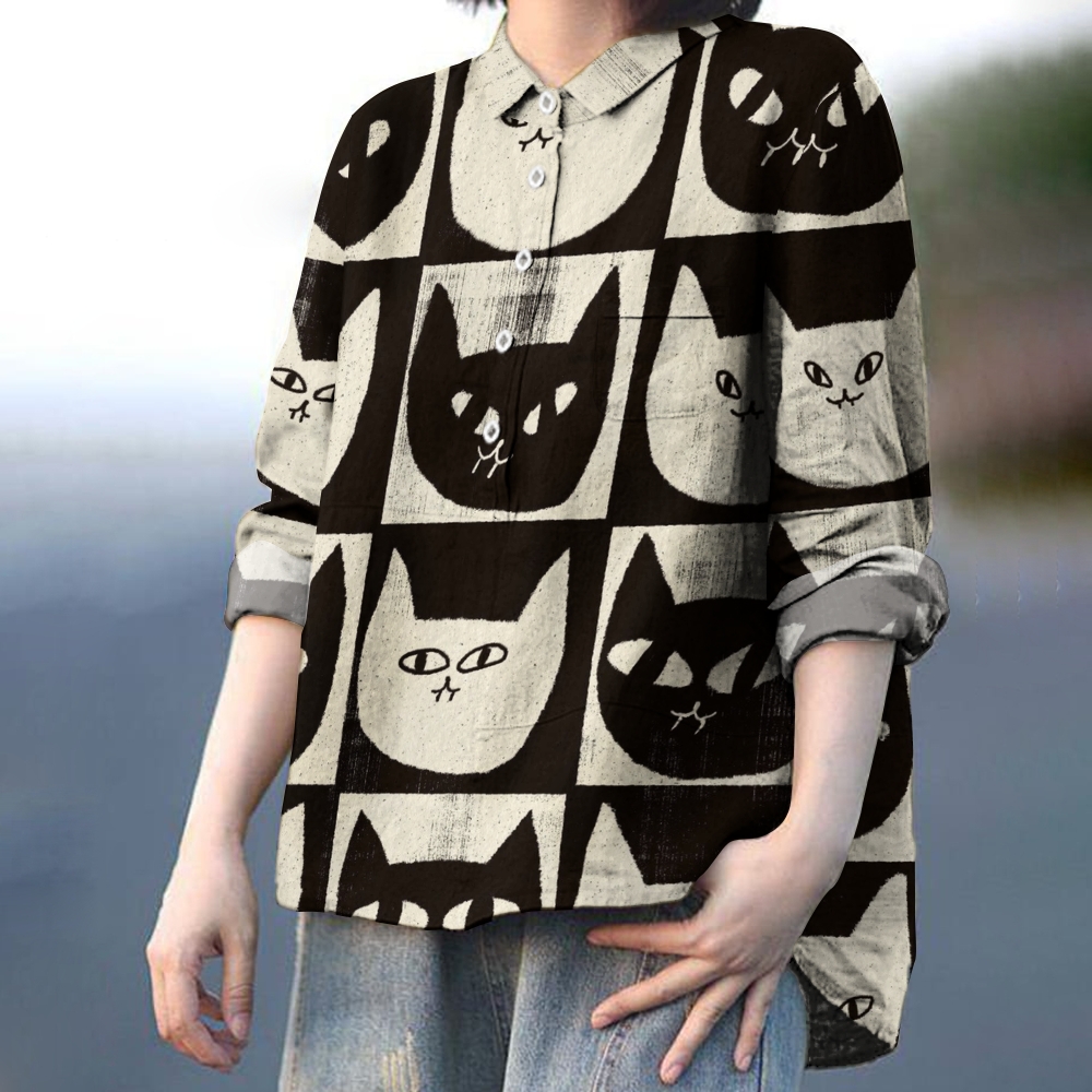 Women's Cartoon Cat Colorblock Print Casual Linen Shirt