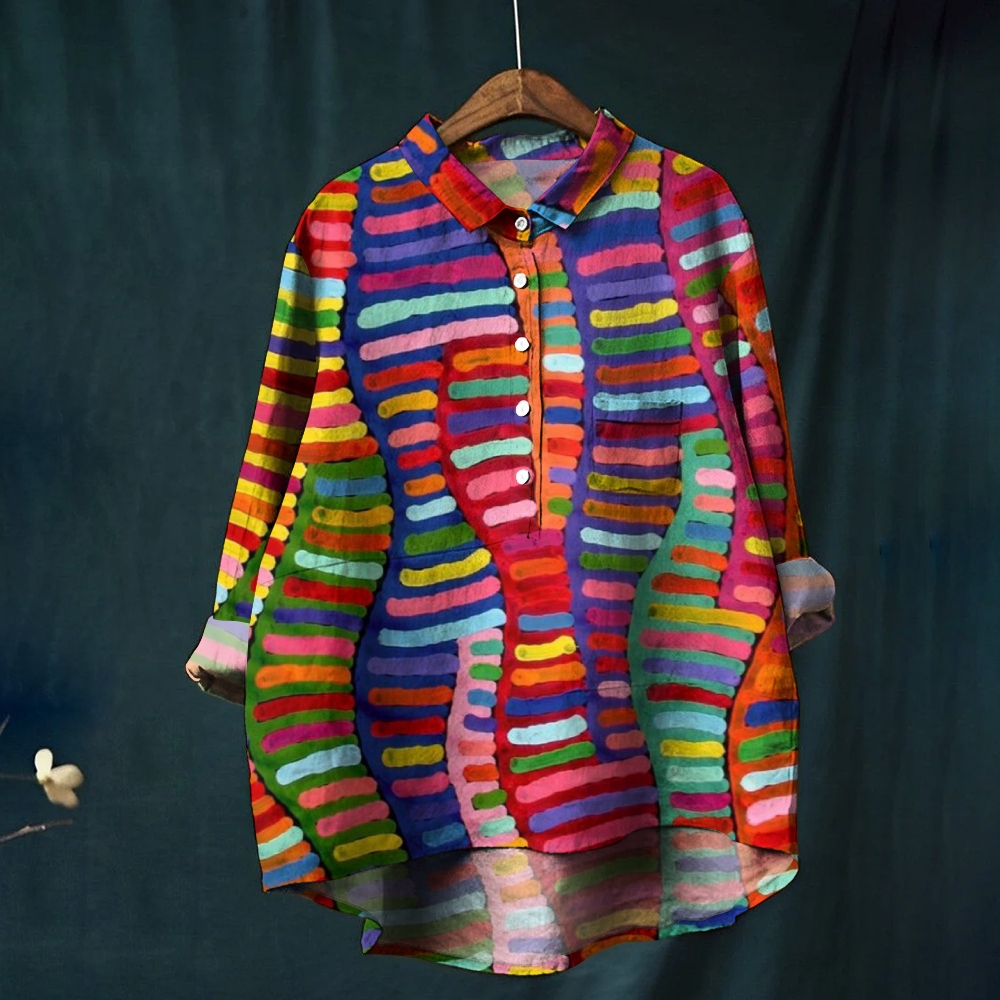 Women's Striped Colorblock Art Print Casual Linen Shirt