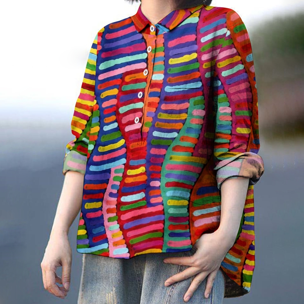 Women's Striped Colorblock Art Print Casual Linen Shirt