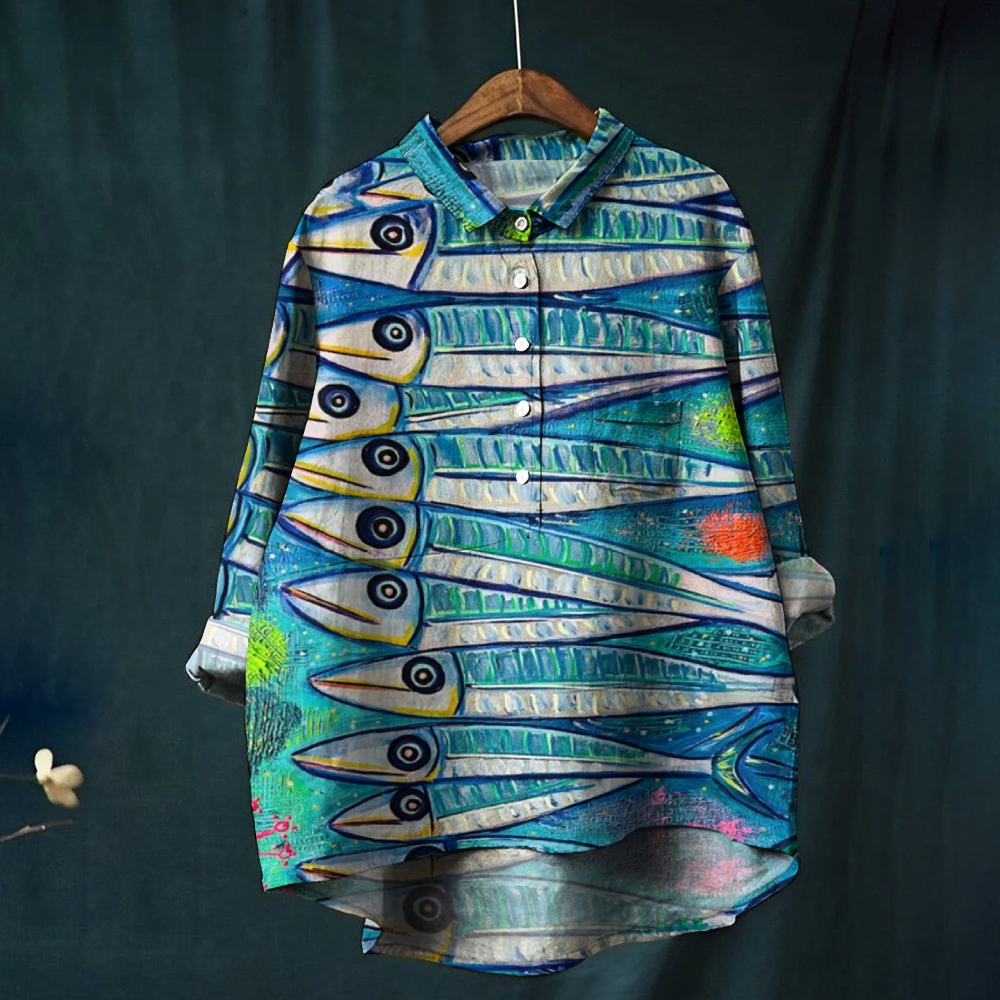 Women's Fish Print Casual Linen Shirt