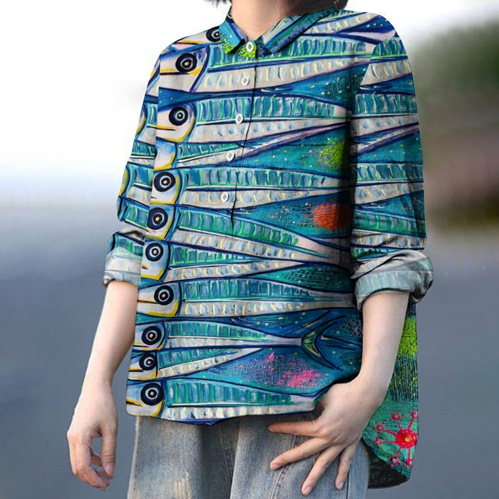 Women's Fish Print Casual Linen Shirt