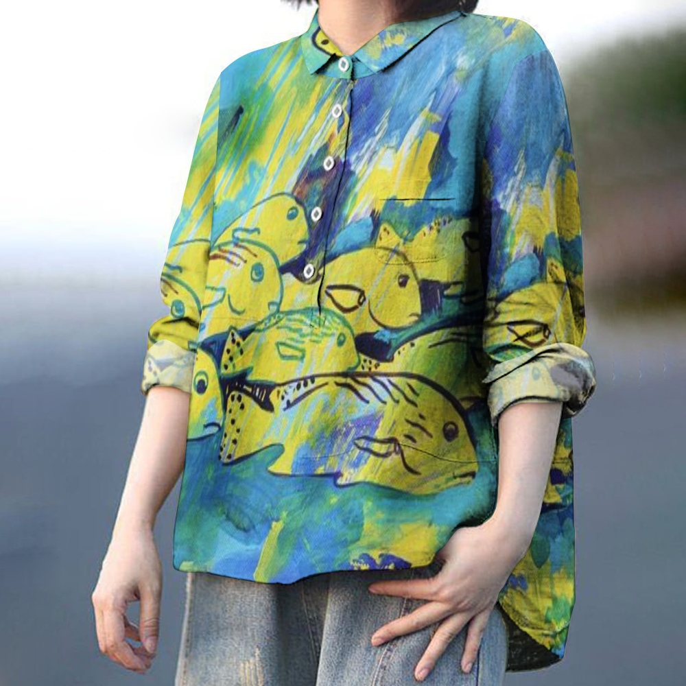 Women's Gradient Fish Print Casual Linen Shirt
