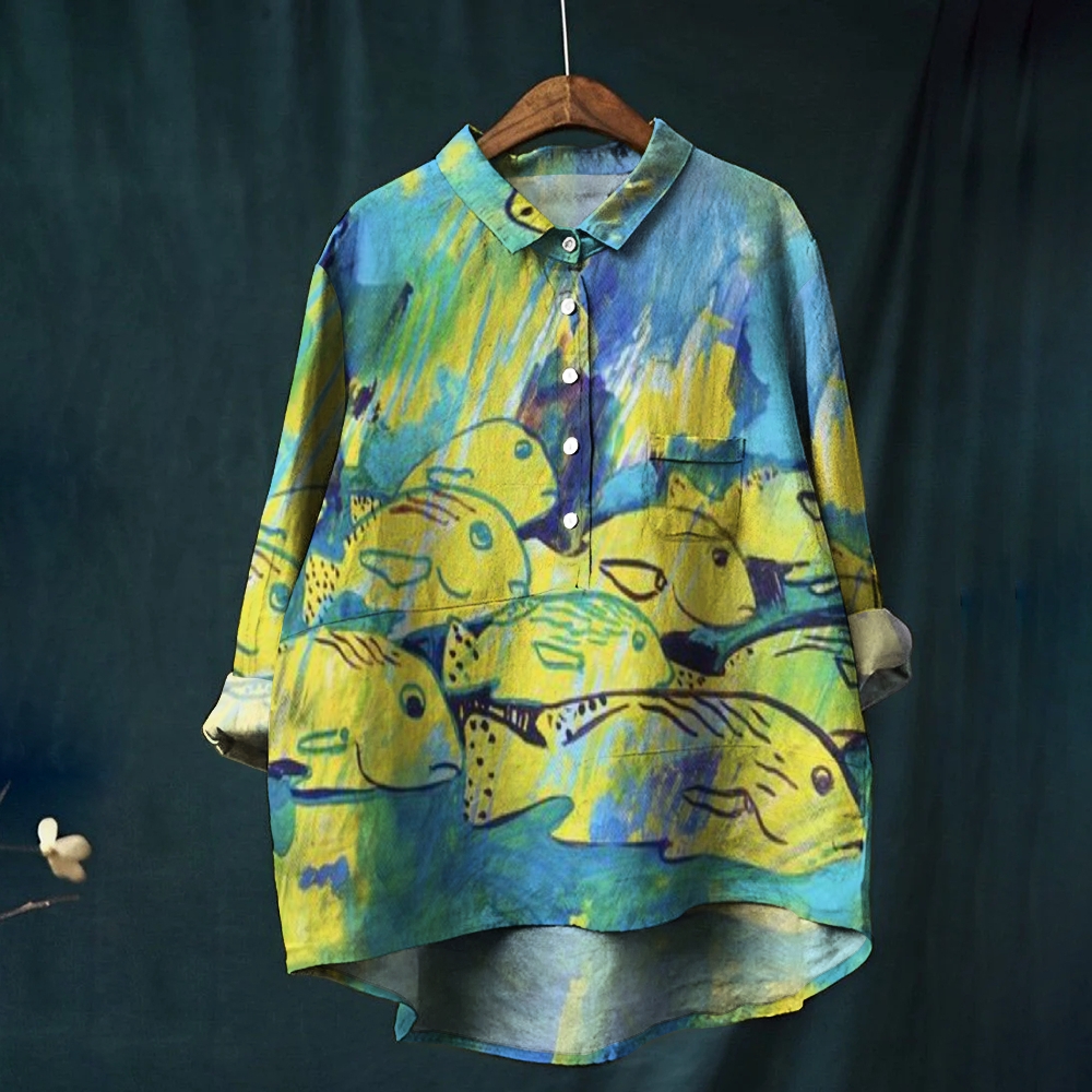 Women's Gradient Fish Print Casual Linen Shirt