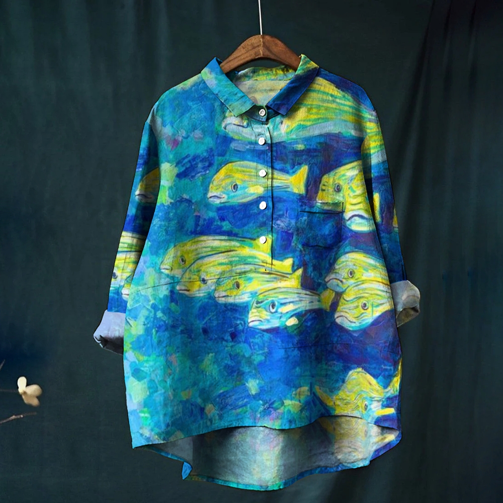 Women's Watercolor Fish Print Casual Linen Shirt