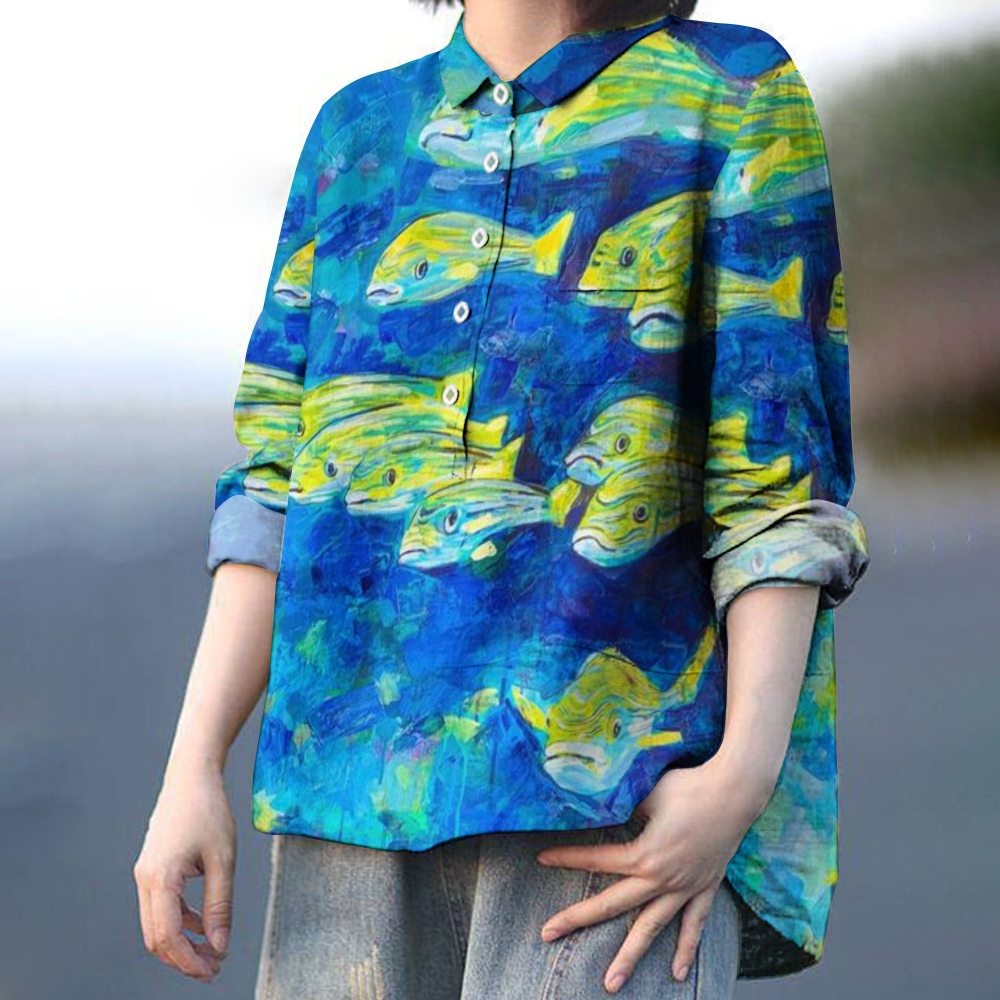Women's Watercolor Fish Print Casual Linen Shirt