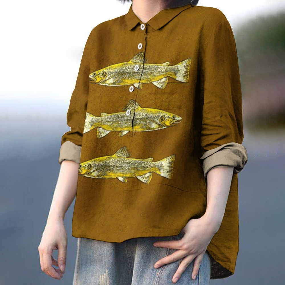 Women's Golden Fish Print Casual Linen Shirt