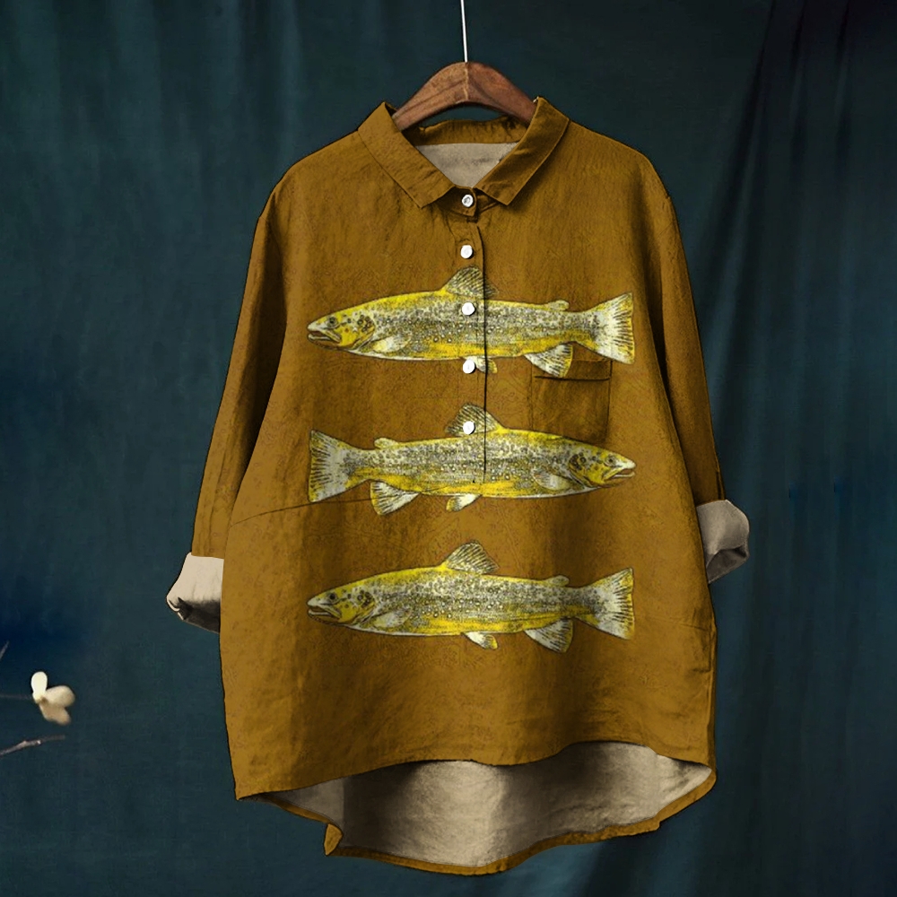 Women's Golden Fish Print Casual Linen Shirt