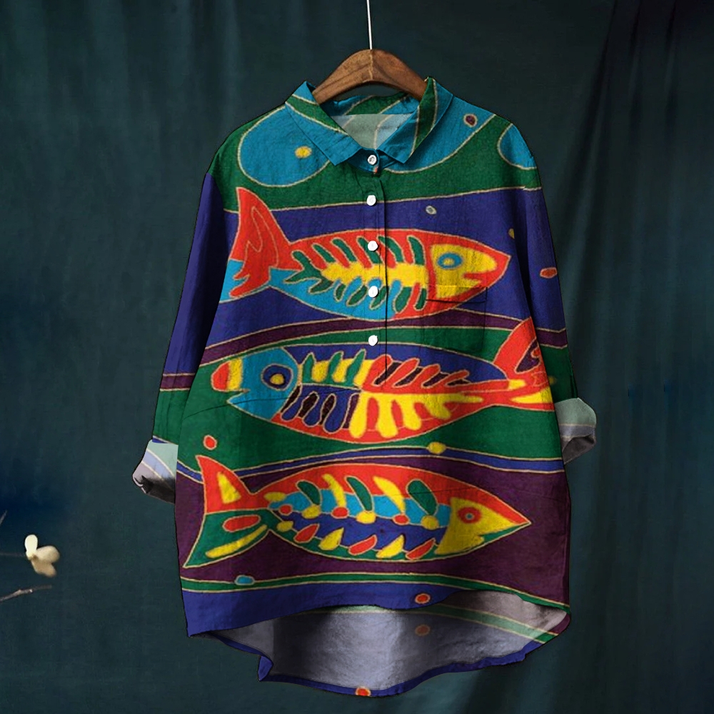 Women's Colorful Fish Print Casual Linen Shirt