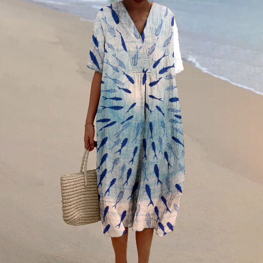 Women's Fish Art Print Flowy Linen Dress