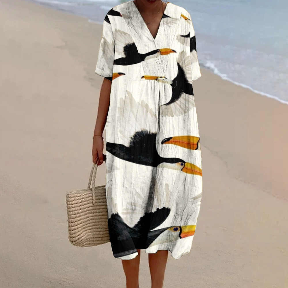 Women's Vintage Bird Print Flowy Linen Dress