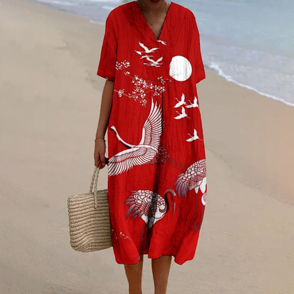 Women's Vintage Crane Art Print Linen Dress
