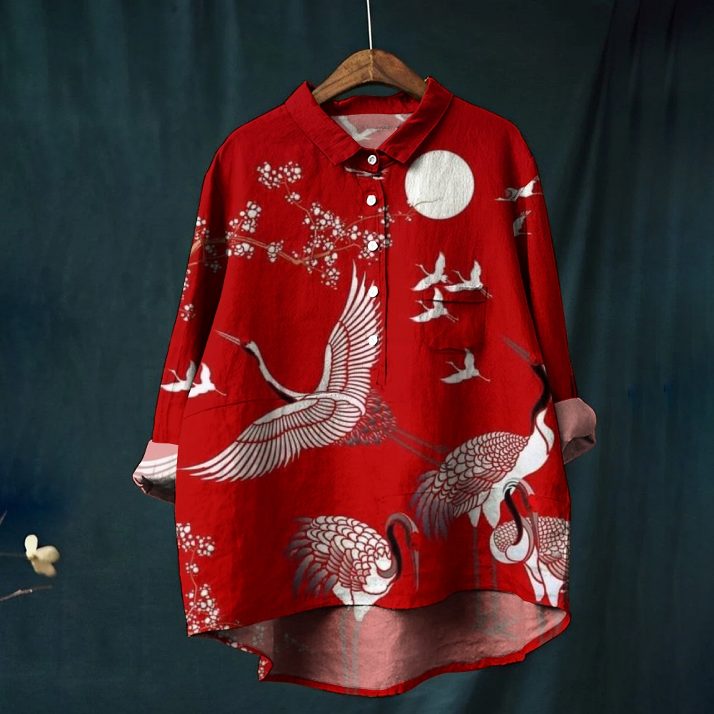 Women's Vintage Crane Art Print Casual Linen Shirt
