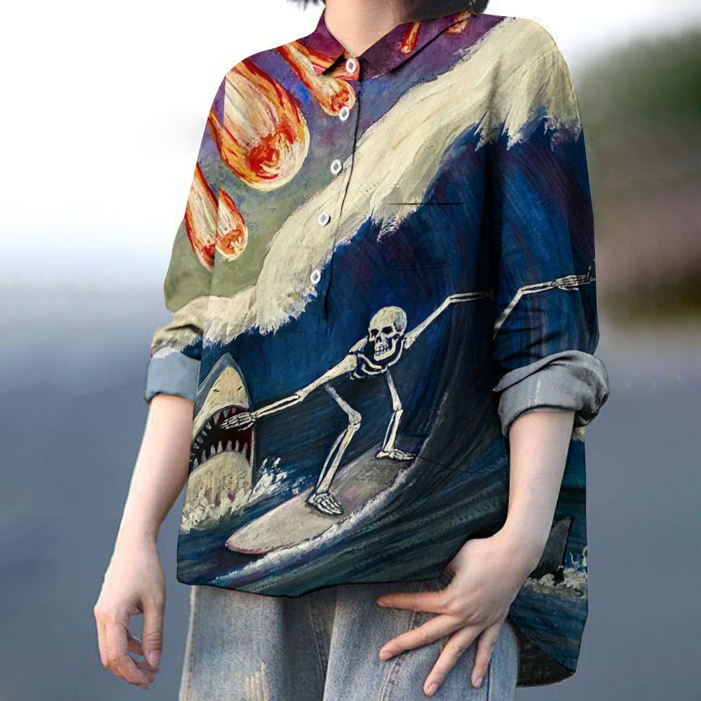 Women's Skull Shark Art Print Casual Linen Shirt