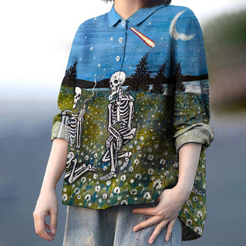Women's Skull Colorblock Art Print Casual Linen Shirt