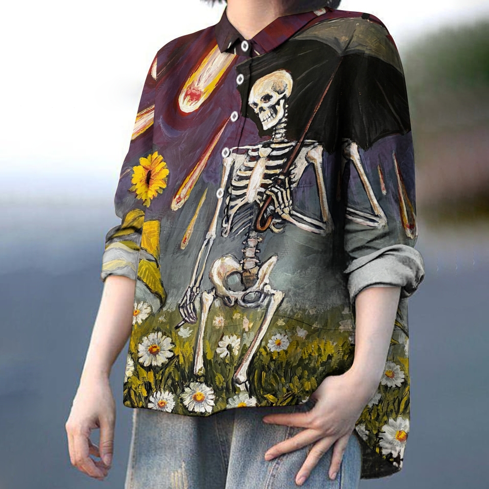 Women's Skull Sunflower Flower Art Print Casual Linen Shirt