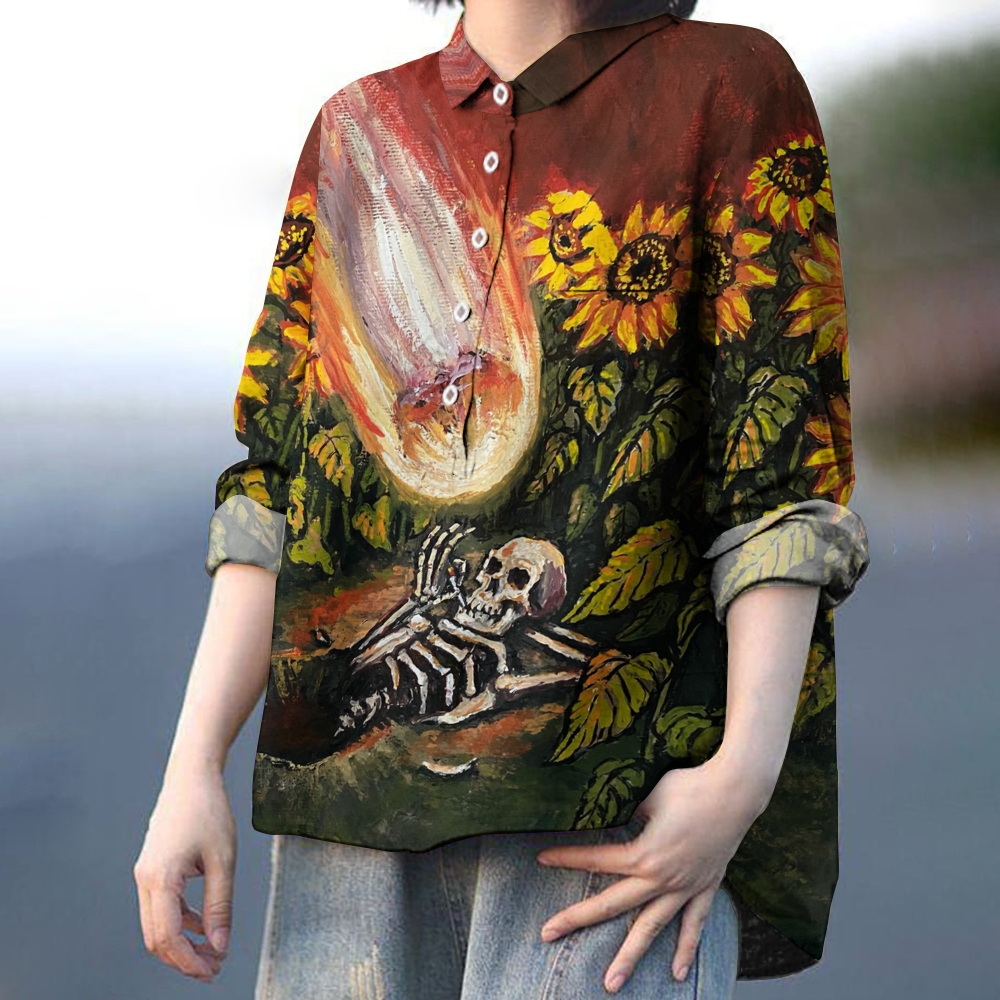 Women's Skull Sunflower Colorblock Art Print Casual Linen Shirt