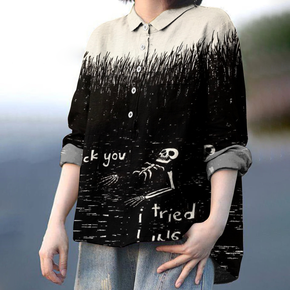 Women's Skull Colorblock Art Print Casual Linen Shirt