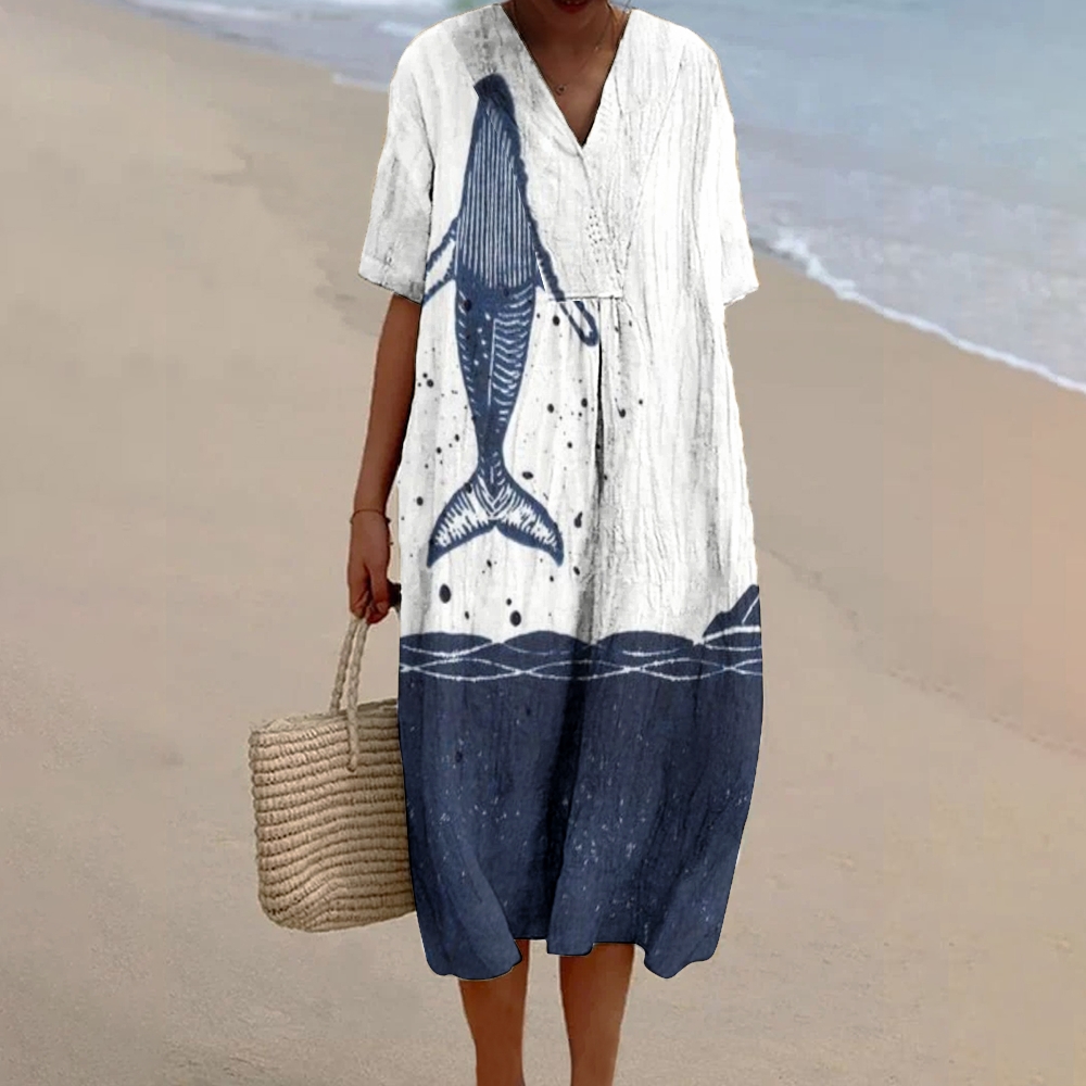 Women's Fish Print Flowy Linen Dress