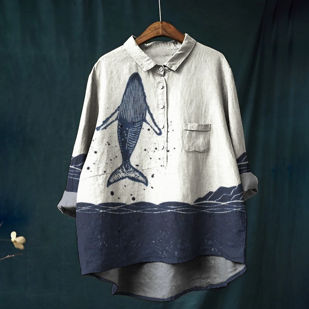 Women's Fish Print Casual Linen Shirt