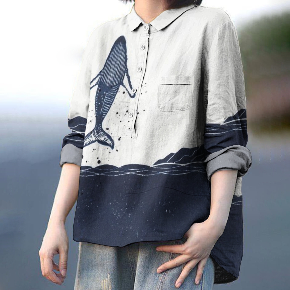 Women's Fish Print Casual Linen Shirt
