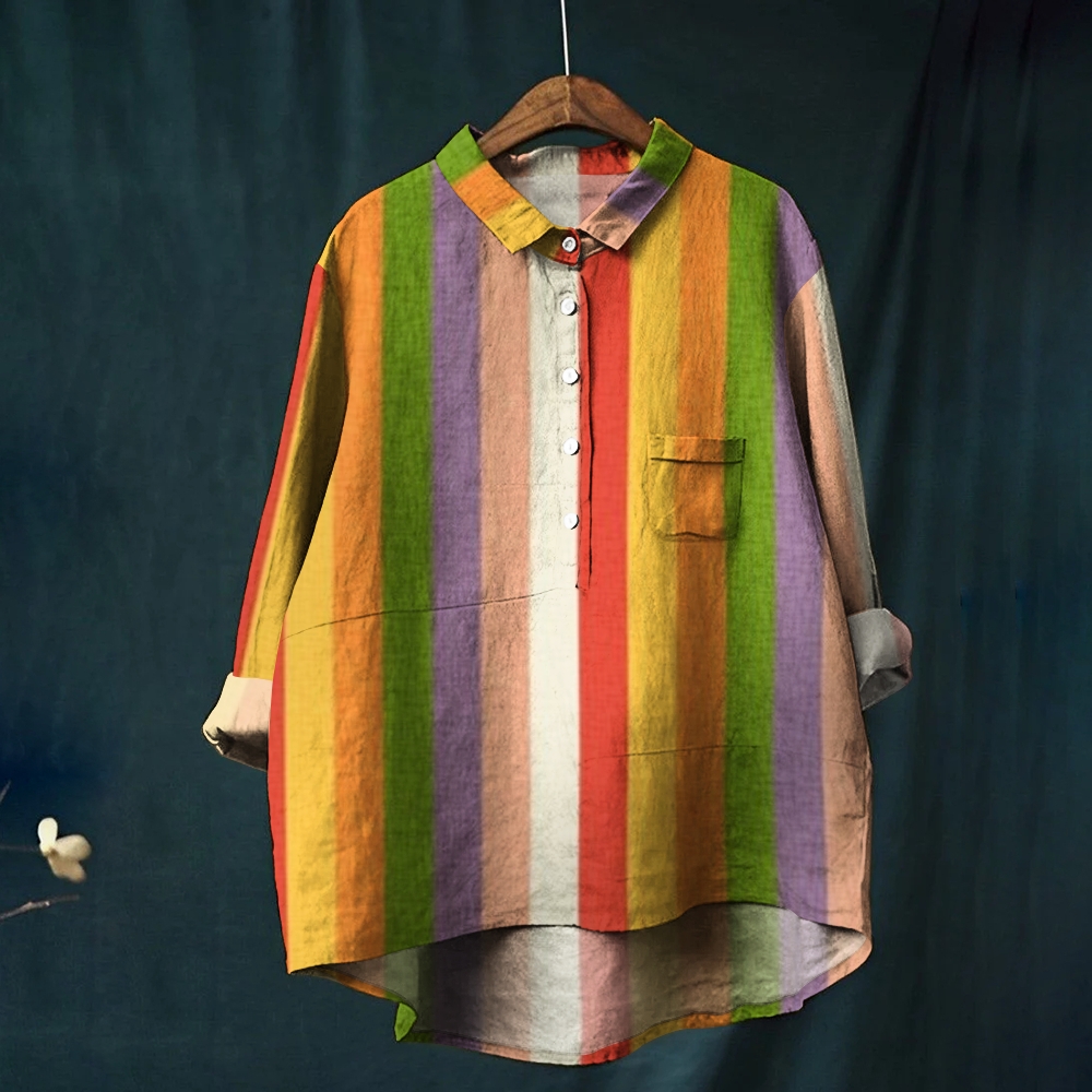 Women's Watercolor Strips Pattern Print Casual Linen Shirt