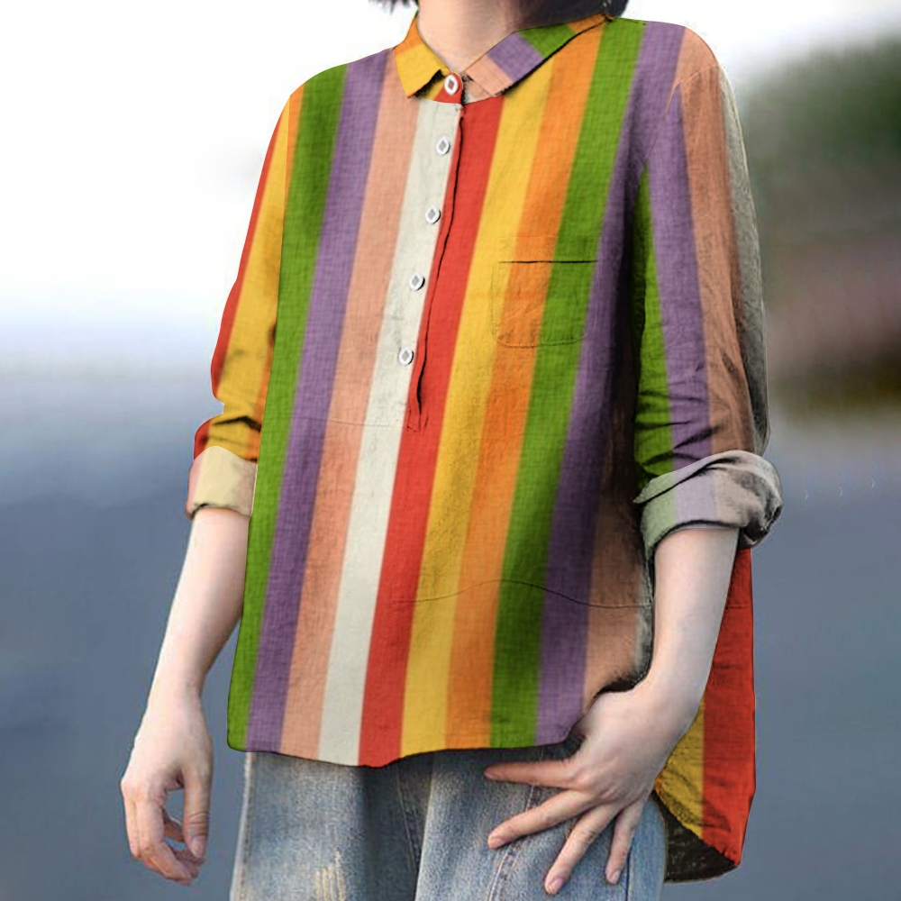 Women's Watercolor Strips Pattern Print Casual Linen Shirt