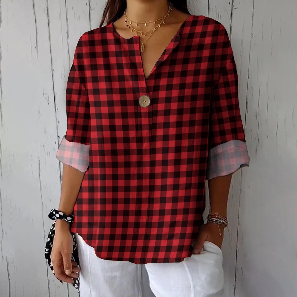 Women's Red Plaid Casual Cotton Linen Shirt