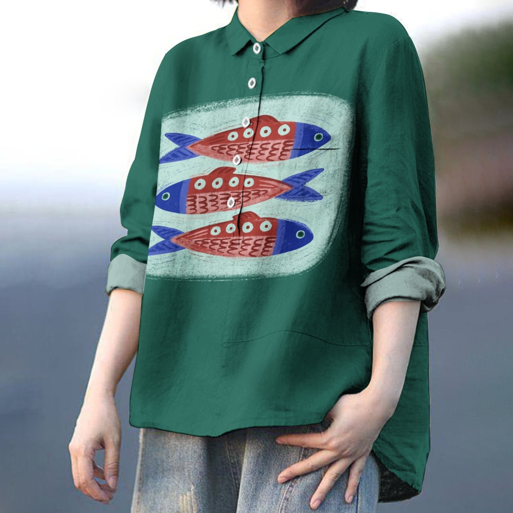 Women's Vintage Fish Print Casual Linen Shirt