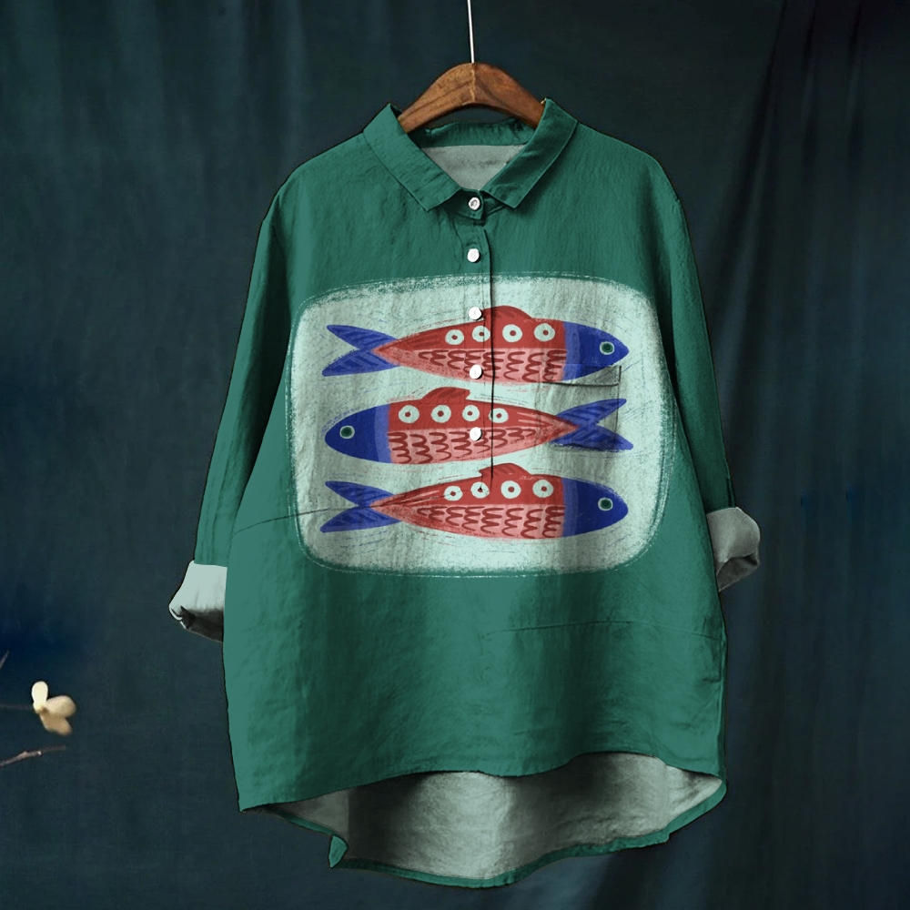 Women's Vintage Fish Print Casual Linen Shirt