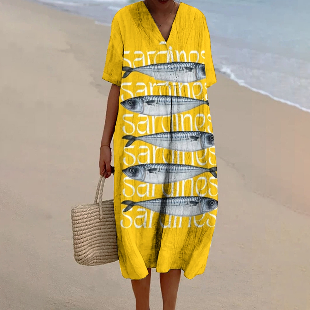 Women's Sardines Print Flowy Linen Dress
