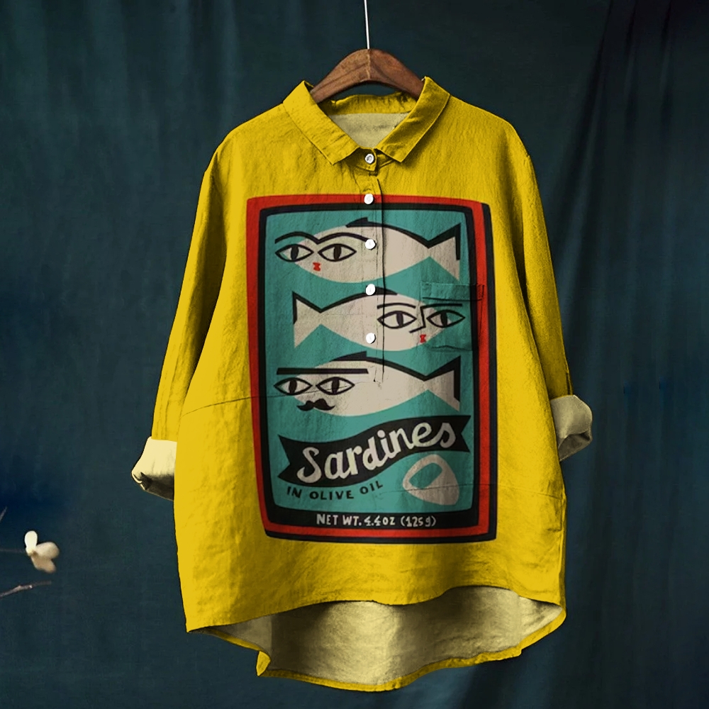 Women's Sardines Print Casual Linen Shirt