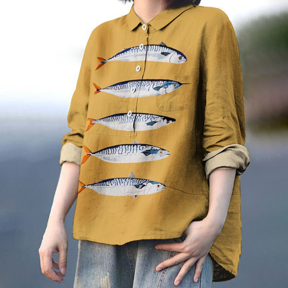 Women's Sardine Print Casual Linen Shirt